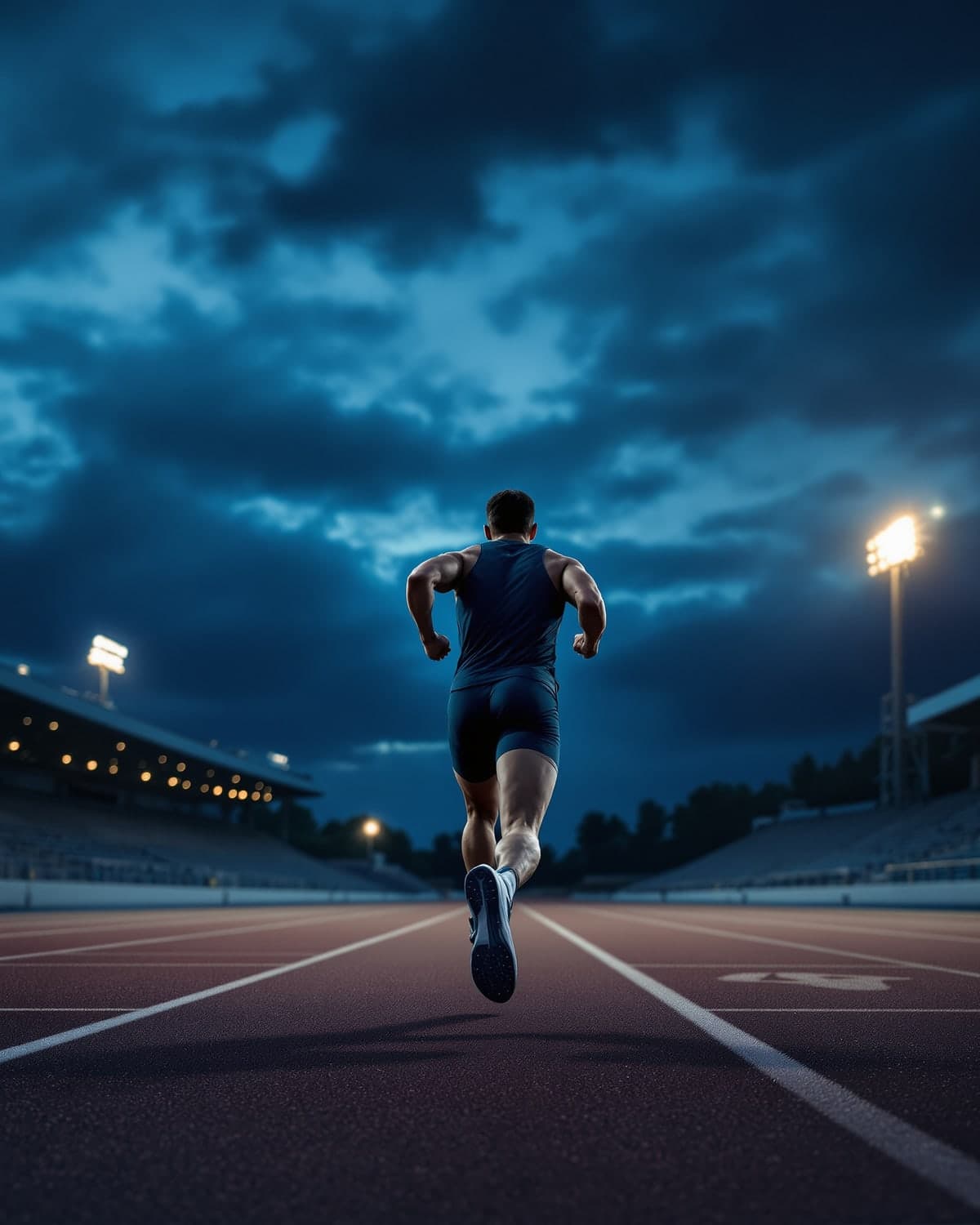A sprinter mid-stride on a stadium track at dusk