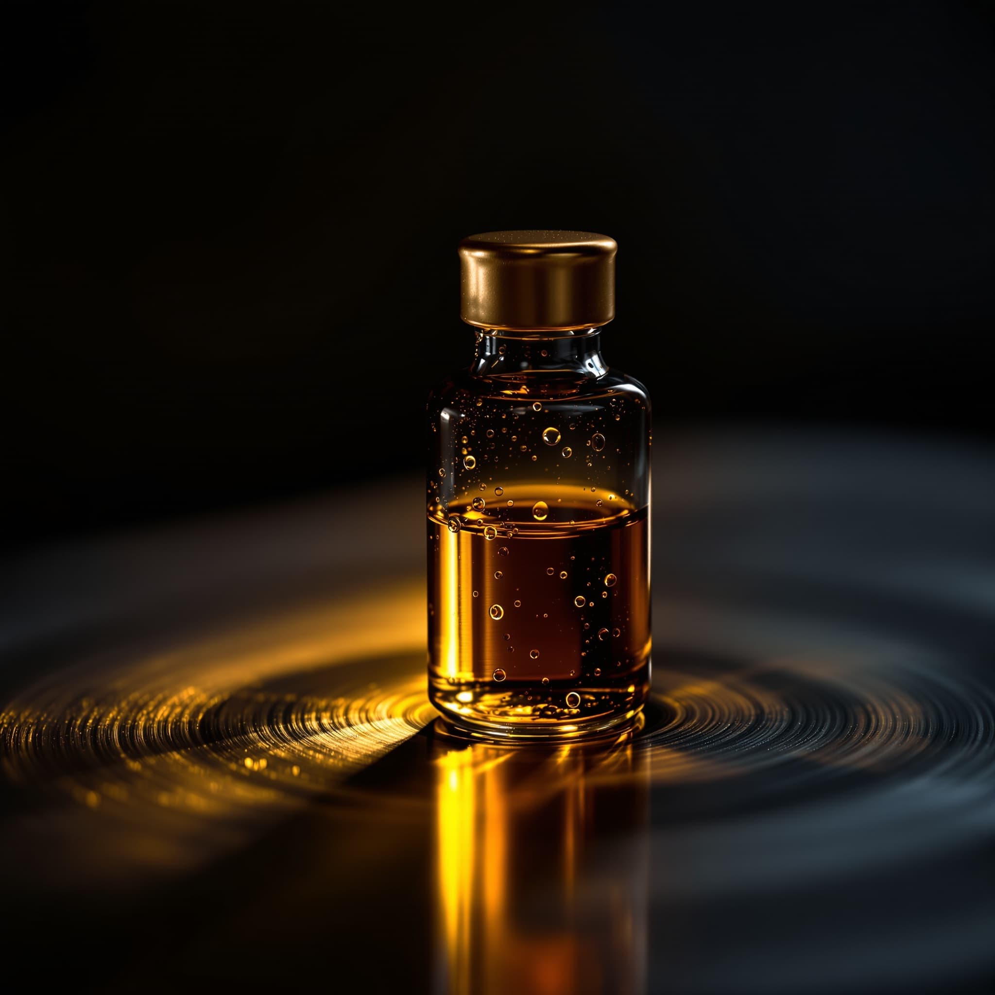 A single amber compound vial under warm chiaroscuro lighting