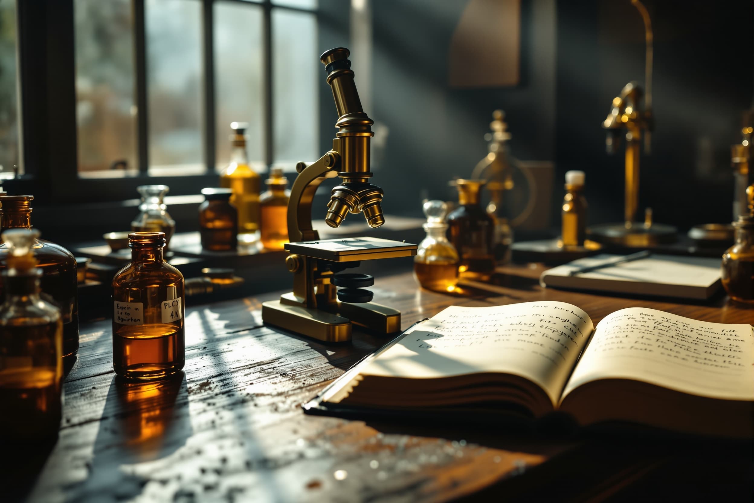 A private research bench arranged with a brass microscope and apothecary vials